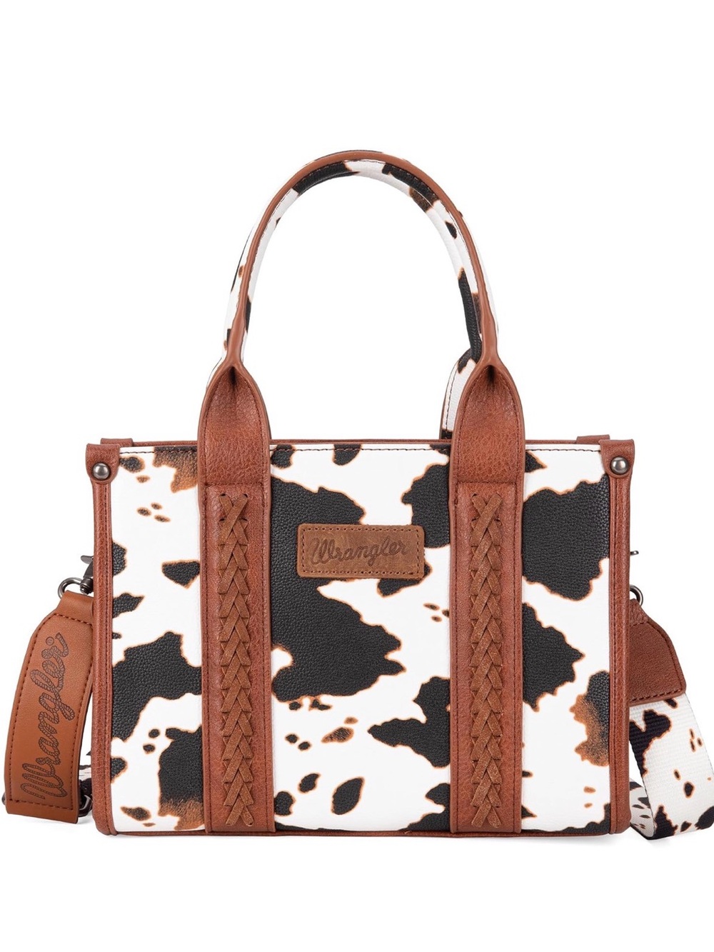 Wrangler Brown, Black & White Cow-Print Satchel